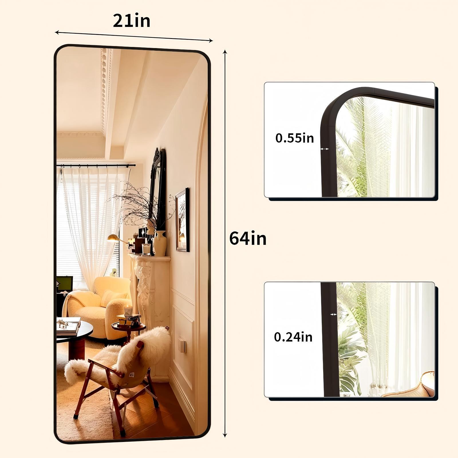 Anyrose 21"x64" Rectangular Full Length Mirror Aluminum Alloy Frame Floor Mirror，Black