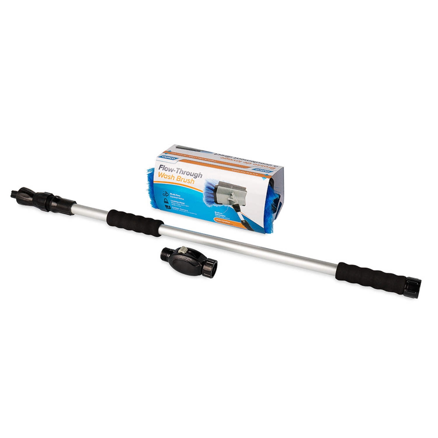 Camco RV Flow-Through Wash Brush with Adjustable Handle, Adjusts from 43-inches to 71-inches Long, Black and Silver (43633)