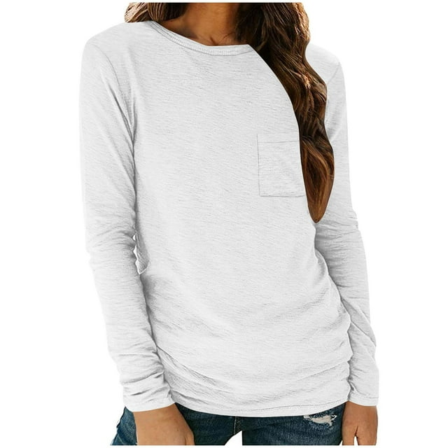 Timegard Long Sleeve Tops for Women Round Neck Causal Tunic T Shirts Comfy Solid Color Basic Tops
