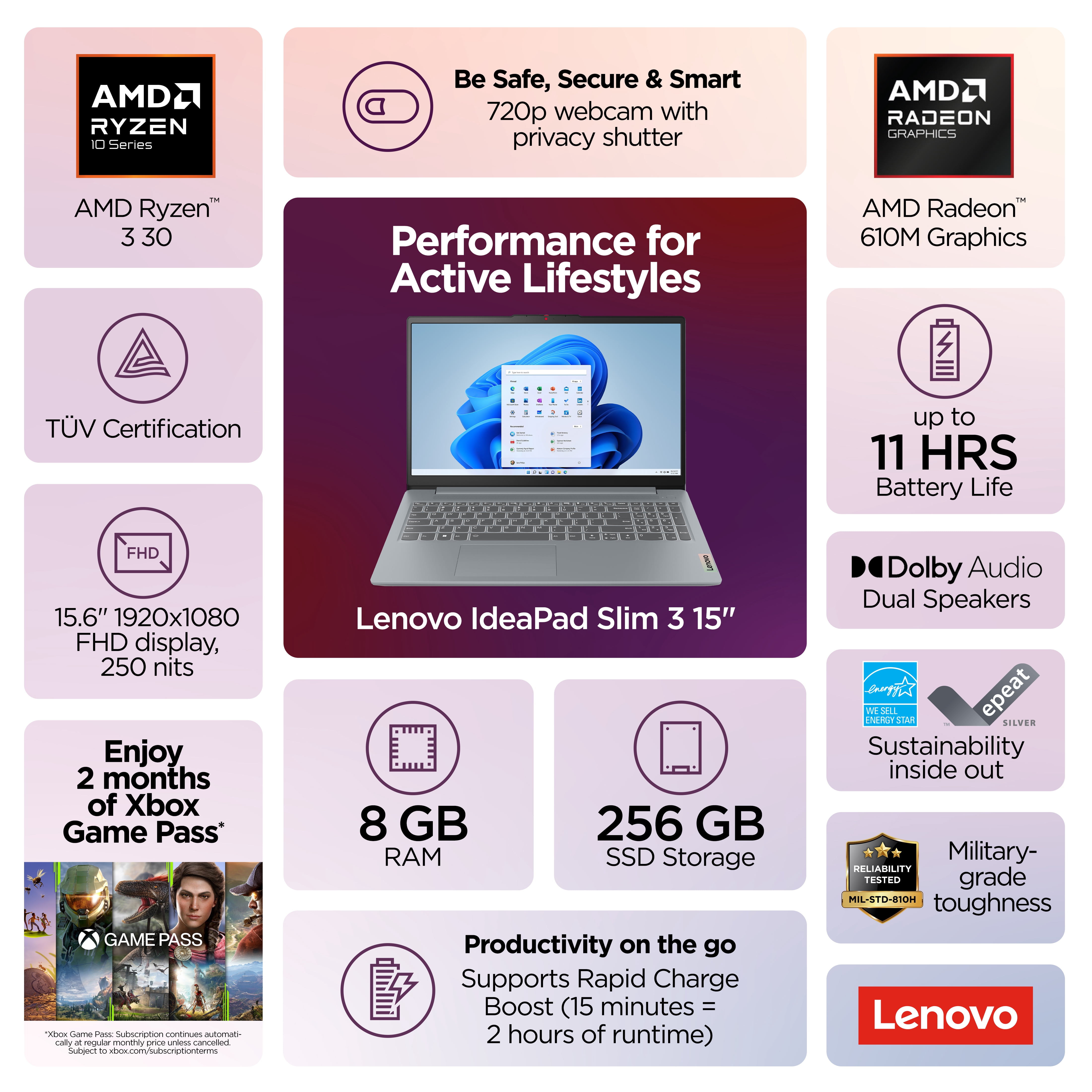 Lenovo IdeaPad Slim 3 15" Laptop, AMD Ryzen 3, 8GB RAM, 256GB SSD, Artic Grey - 3 Months of Microsoft 365 Personal included
