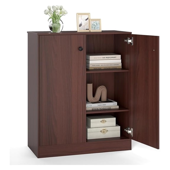 2-Door Storage Cabinet, Modern Floor Cabinet with 3-Tier Shelf, Freestanding Side Cabinet with Anti-Toppling Device, Storage Organizer for Living Room, Kitchen, Dining Room, Entryway (Brown)