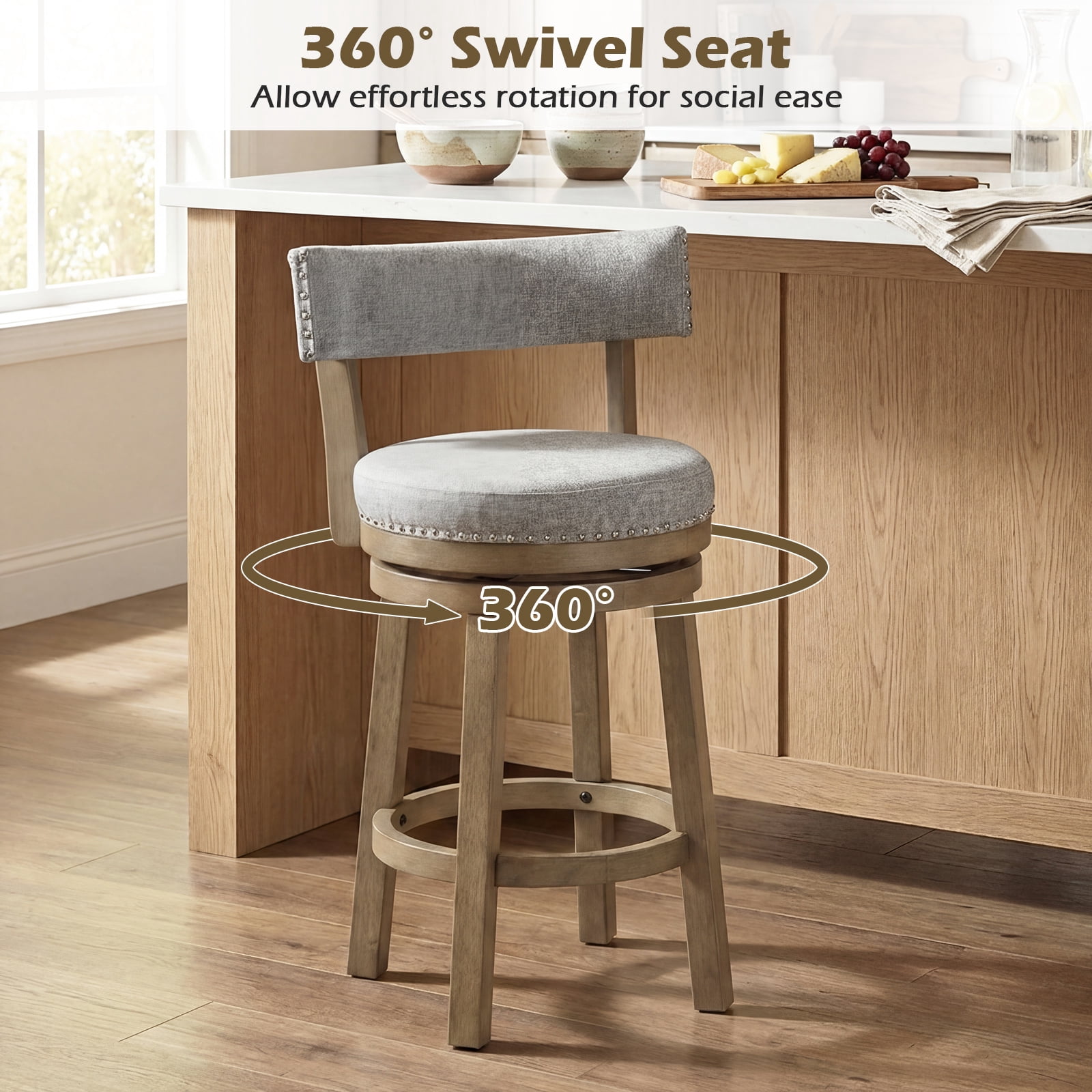 Gymax Swivel Counter Height Bar Stool Upholstered Barstool w/ Padded Back & Rubber Wood Legs