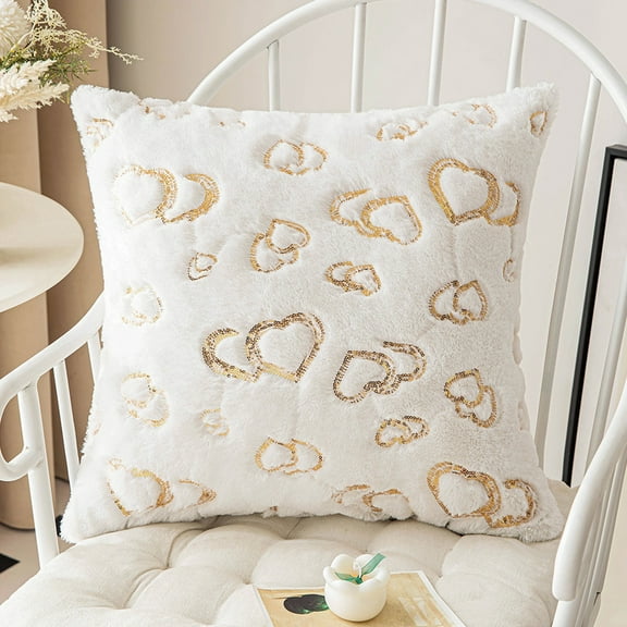 Valentines Day Throw Pillows Covers 18 X18 Inch Soft White Faux Fur Fuzzy Pillowcase with Golden Heart Sequins Valentines Love Heart Pillows Cushion Covers For Couch Sofa Bedroom