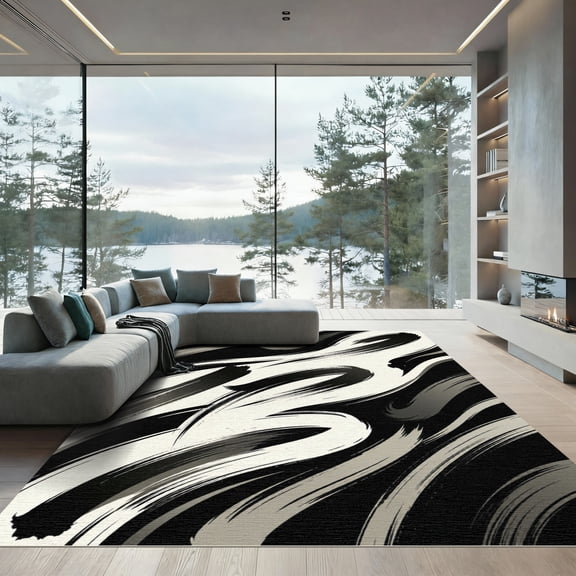 ODIKA 4'x6' Machine Washable Non-Slip Area Rug, Abstract Black High Traffic Rug, Gray, 1009542