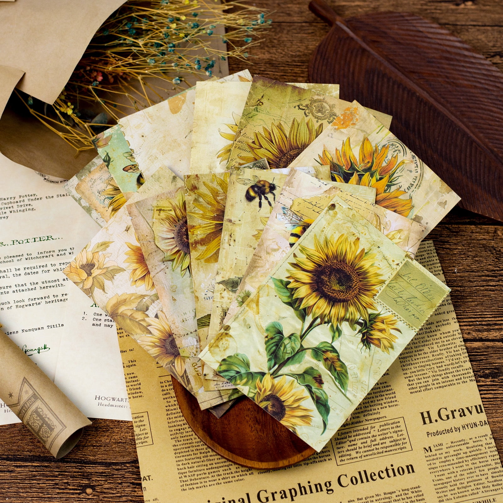 Romantic Sunflower Theme Scrapbook Paper - 12 Sheets Vintage Floral Background for DIY Crafts and Journals