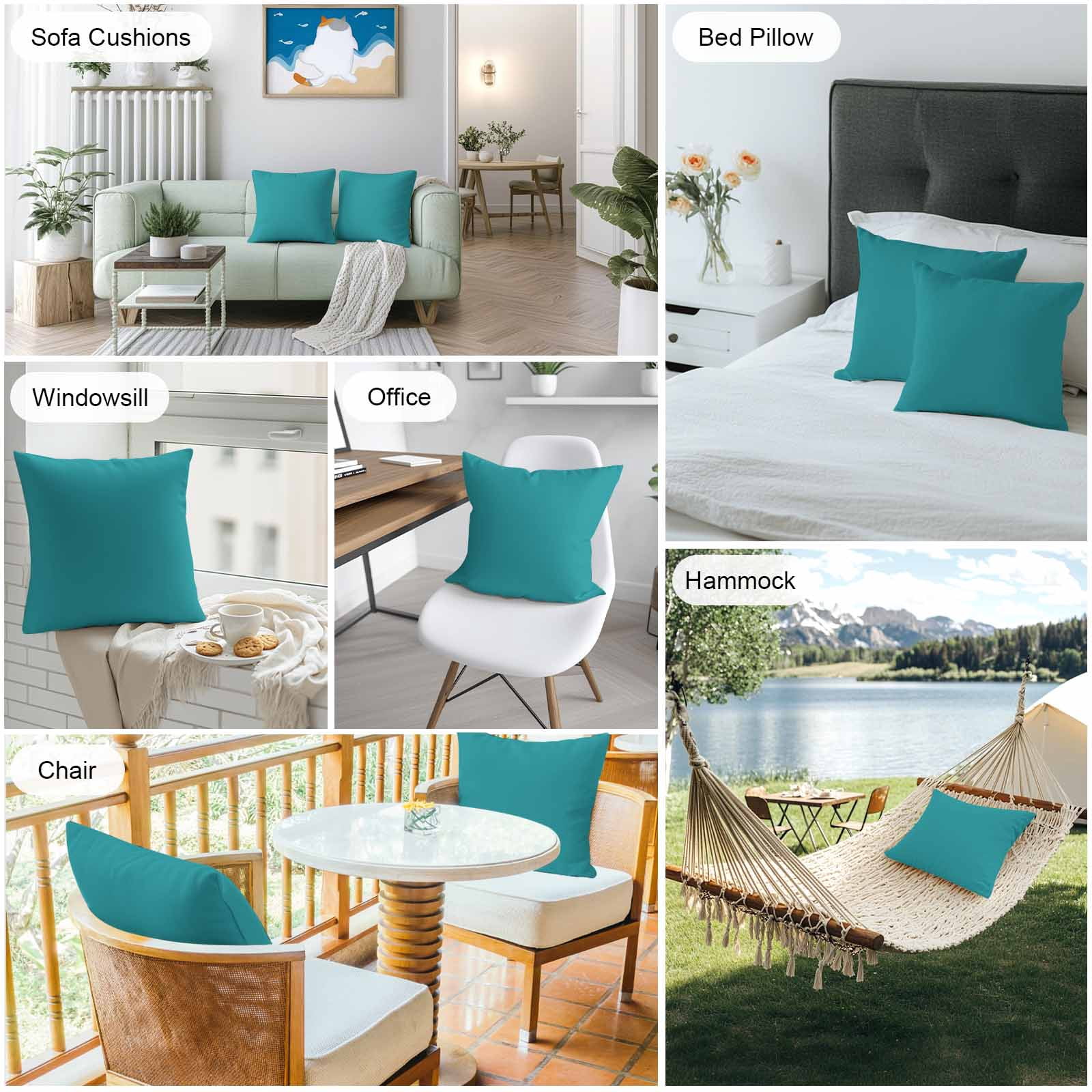 Boanket Outdoor Pillow Covers 24 x 24 Inches, Teal Waterproof Throw Pillow Cover Set of 2, Turquoise Pure Teal Decorative Square Cushion Covers for Patio/Tent/Couch/Garden