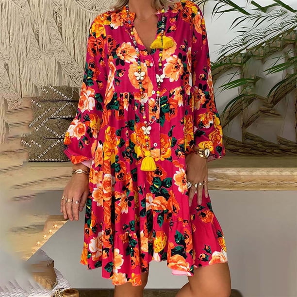 WILLBEST Vestidos para Mujer Vestido de Manga Larga A La Moda para Mujer Vestido Informal Holgado con Cuello Medio Abierto Vestido Largo con Vuelo Chica
