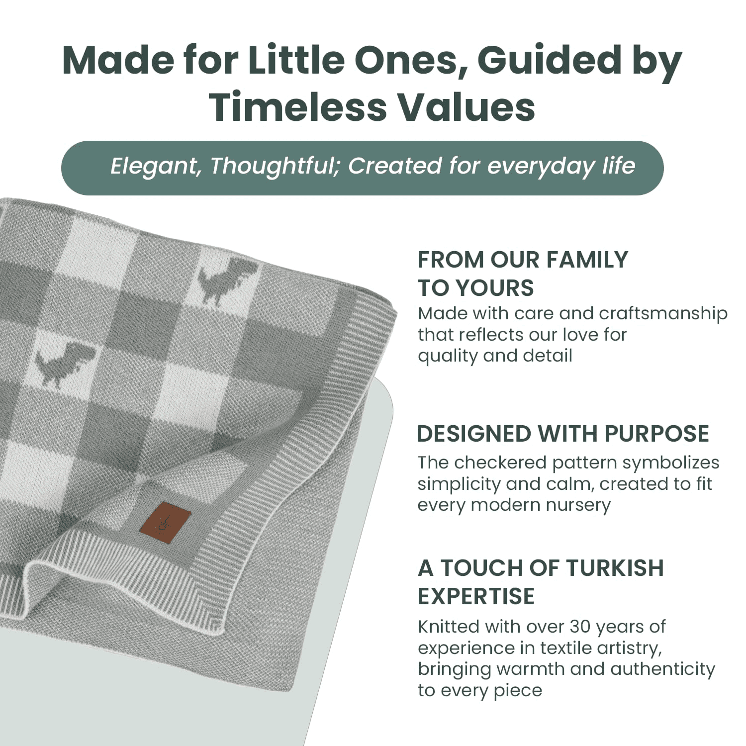 Gender-Neutral Checkered Baby Blanket 30x40 Inches, Green Dinosaur – 100% Organic GOTS Certified Cotton, Soft and Lightweight, Perfect for Swaddling