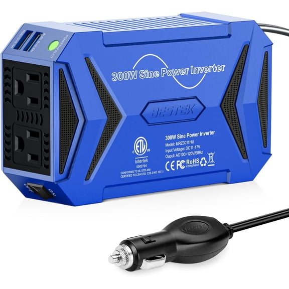 BESTEK 300W Car Power Inverter DC 12V To 110V AC Pure Sine Wave Dual USB Fast Charge Safety Certification, Blue