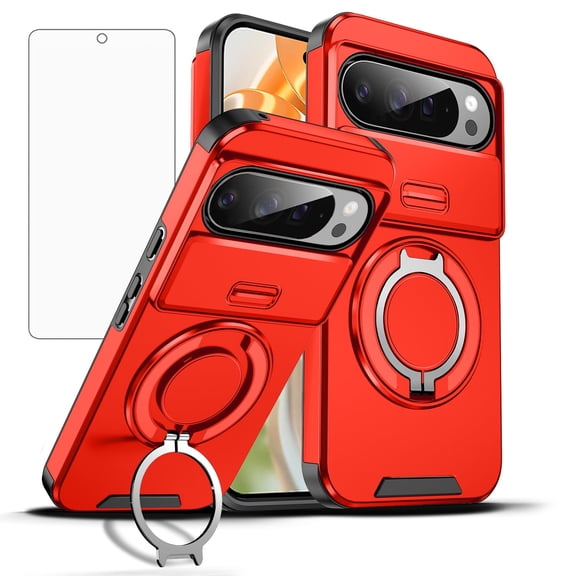 Asuwish Compatible with Google Pixel 9/Pixel 9 Pro 5G Phone Case Slide Camera Cover Tempered Glass Screen Protector Stand Ring Holder Rugged Slim Cell for Pixel9 9Pro Nine Pixel9Pro Women Men Red