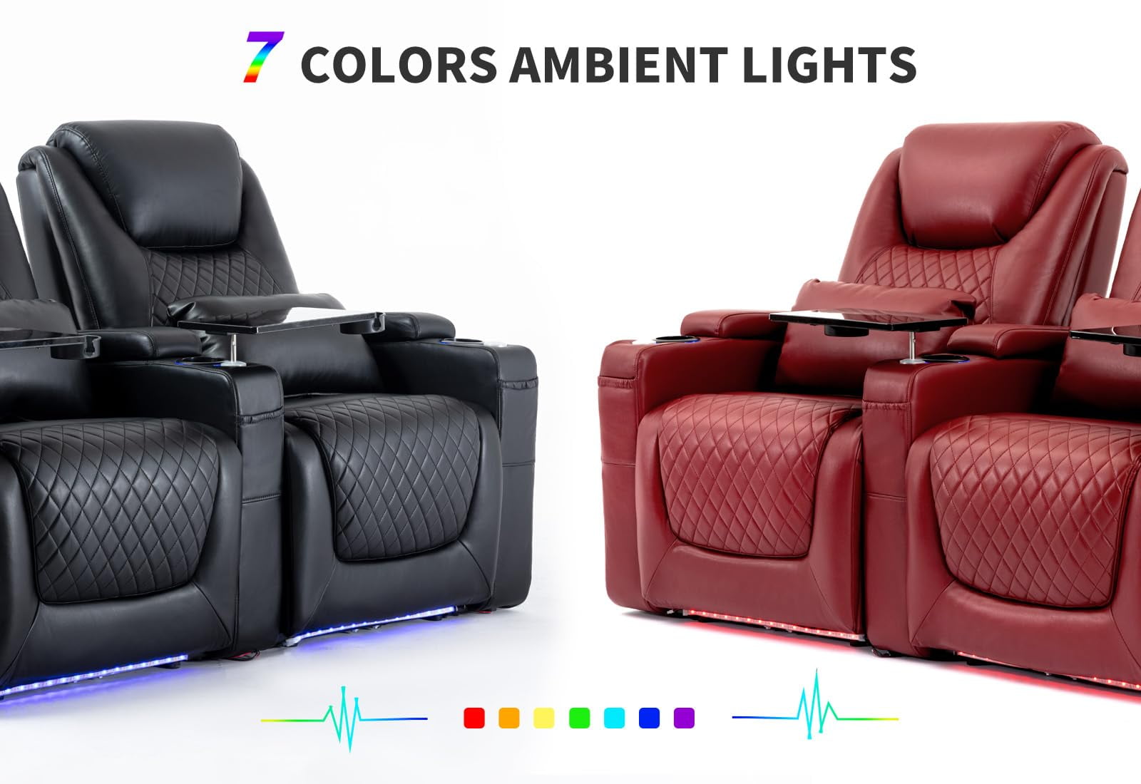 Home Theater Seating Seats, Theater Recliner Chair Sofa Game Movie Theater Chairs with 7 Colors Ambient Lighting, Lumbar Pillow, Side Pocket, Tray Table, Power Recline, Red