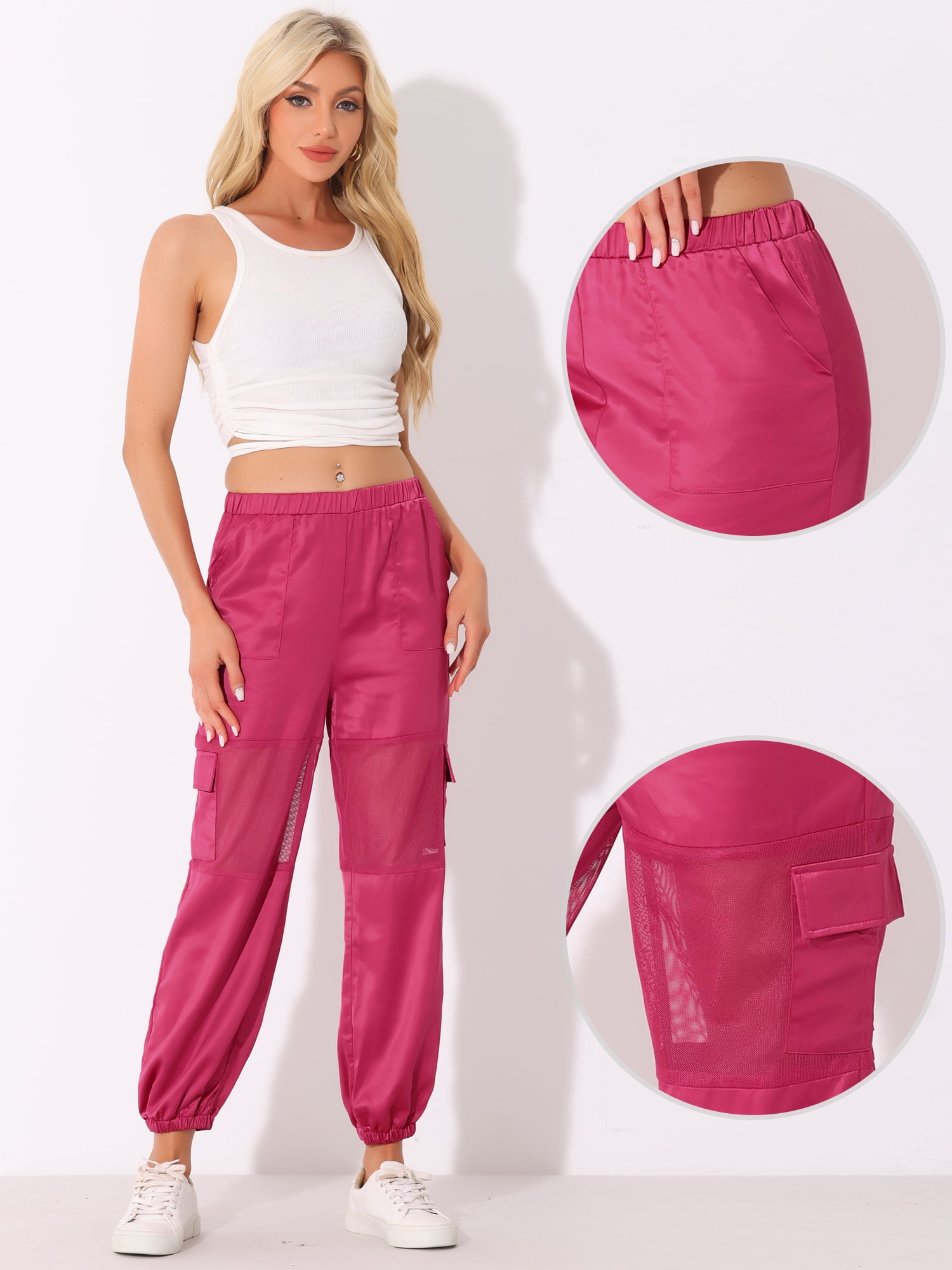 DARING DIVA Women's Casual High Waist Mesh Panel Cargo Baggy Pants L Hot Pink