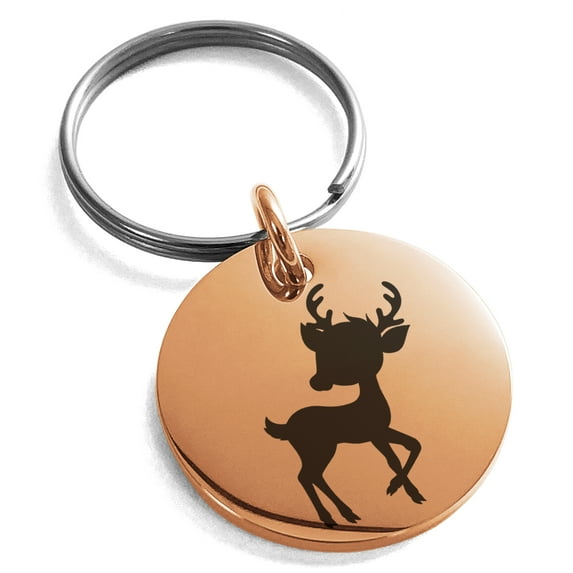 Gold Plated Stainless Steel Baby Reindeer Engraved Small Medallion Circle Charm Keychain Keyring