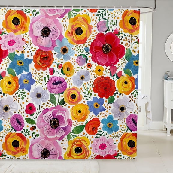 Colorful Floral Shower Curtain for Bathroom Vibrant Watercolor Flowers Fabric Bath Curtain 71x71 inches
