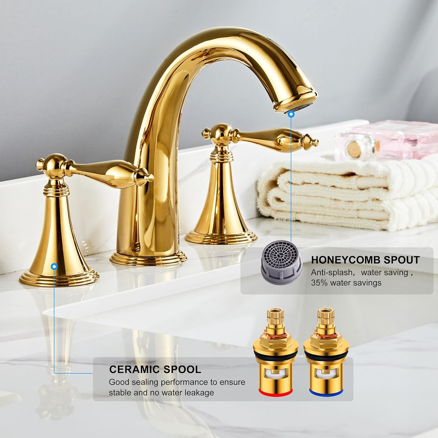 Polished Gold Bathroom Sink Faucet,Brass Bathroom Faucet 3 Hole,Widespread Bathroom Faucet for Sink 3 Hole,2 Handles Design with Water Supply Lines