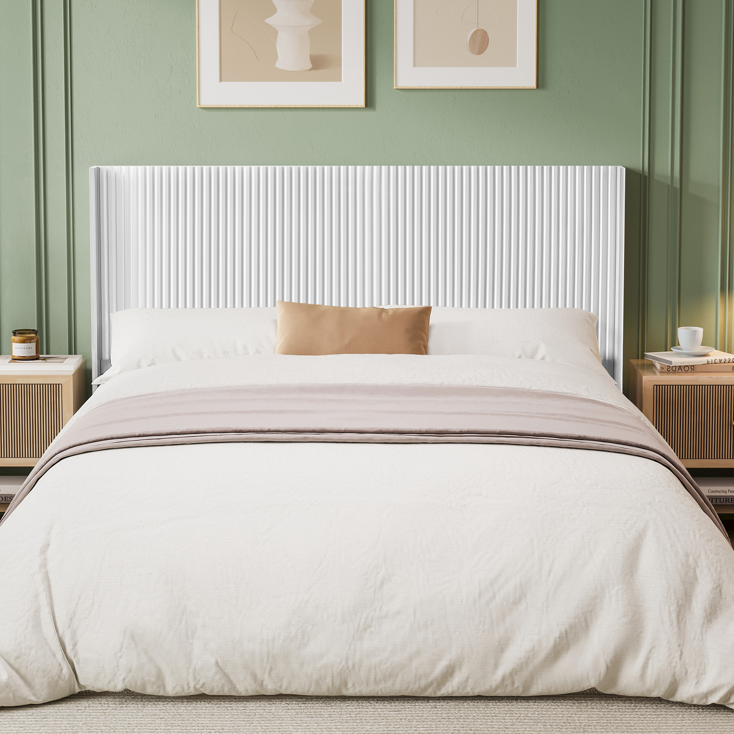 Huatean Home Wood Headboard, Queen Size, Modern Farmhouse, Wall Mounted Fluted Panel, Wingback Boho, White