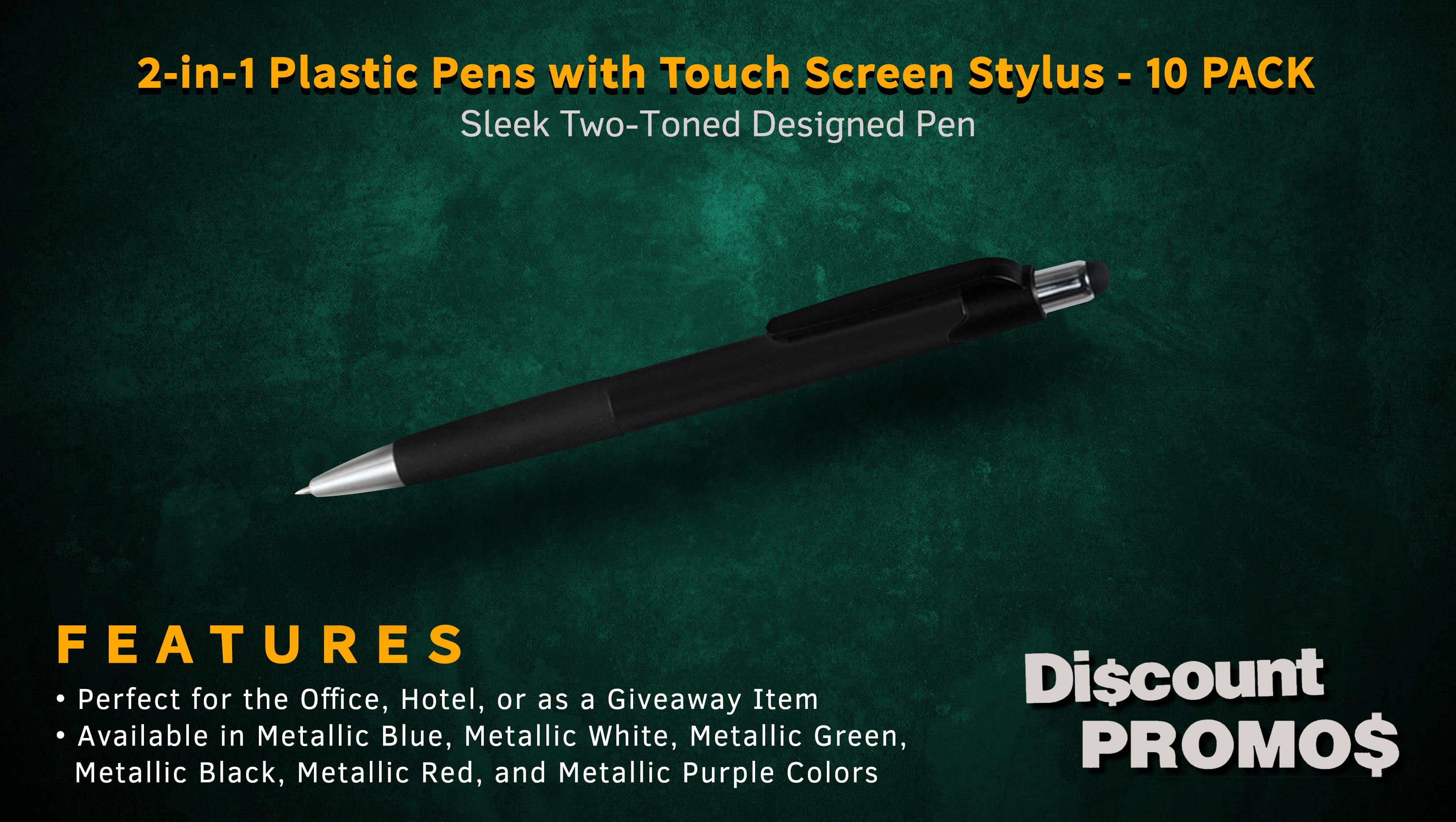 Pens with Touch Screen Stylus - 10 pack - Plastic Pens - Metallic Black