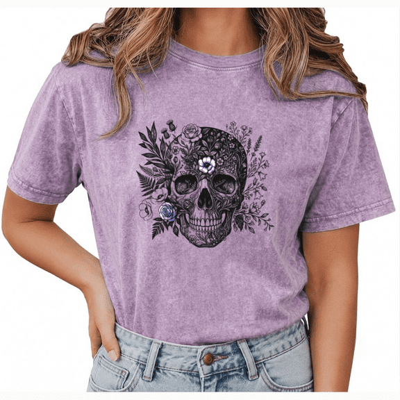 GIFFIMY Women's Purple Botanical Floral Skull Vintage Washed T-Shirt Short Sleeve S-2XL Relaxed Fit Top