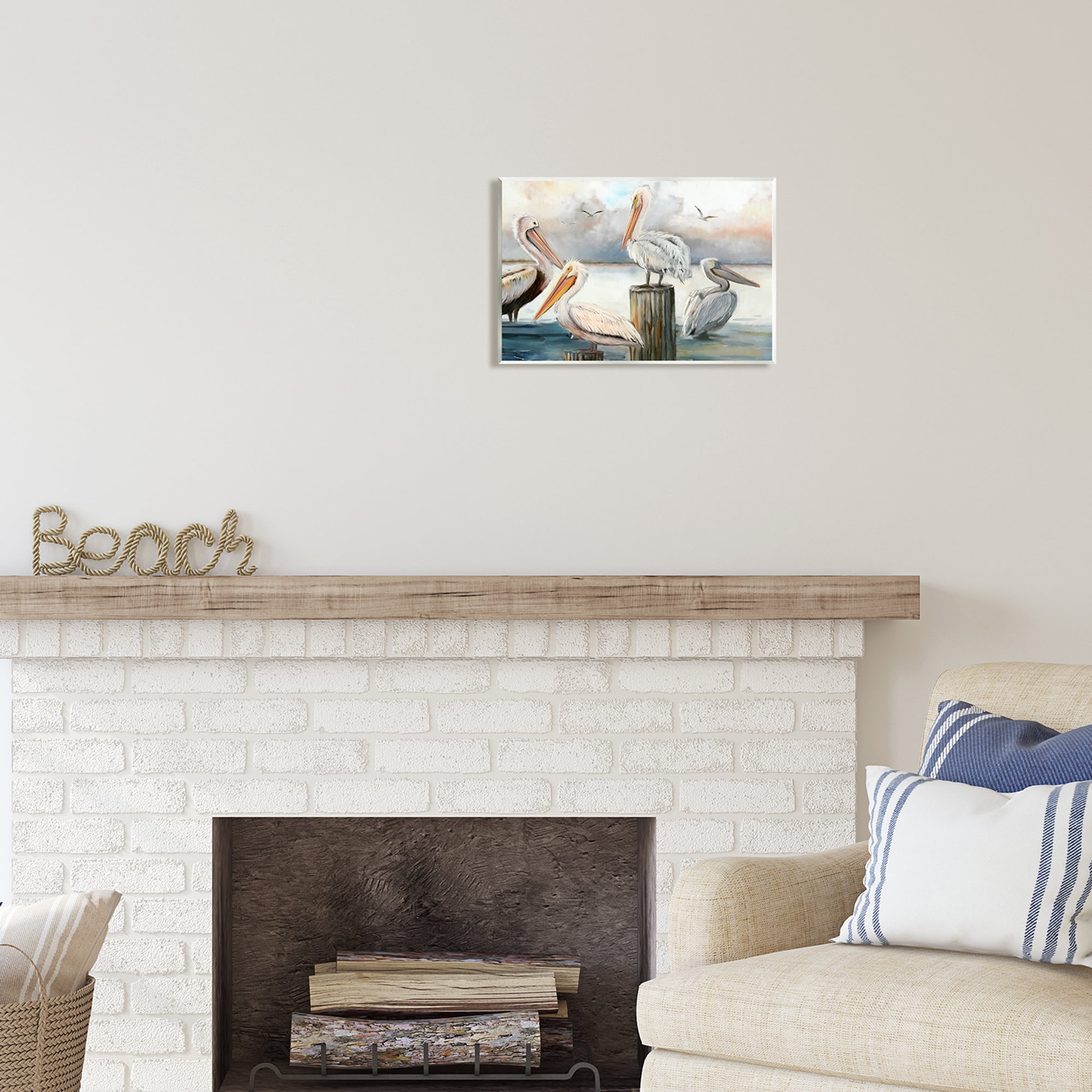 Stupell Industries Pelicans Perched Cloudy Horizon Coastal Painting Unframed Art Print Wall Art