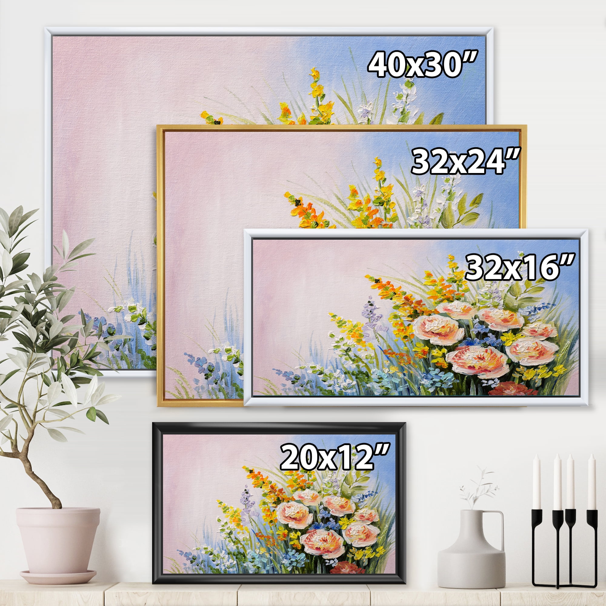 Yellow and Pink Summer Wildflowers 20 in x 12 in Framed Painting Canvas Art Print, by Designart