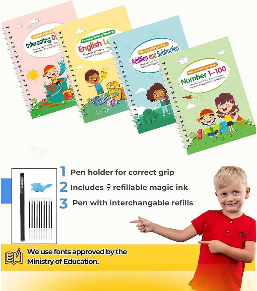 Motor Magic WorkBooks, Your Little Explorer Writing Books, Full Set 4 Book W/10 Replacement Refills+1 Pen+1 Pencil Grip, Magic Grooved Writing Practice Books