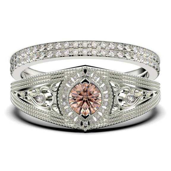 Decorative Ornament 2.25 Carat Round Cut Morganite And Diamond Moissanite Unique Engagement Ring, Wedding Ring in 925 Sterling Silver With 18k White Gold Plating Promise Ring, Trio Rings Set
