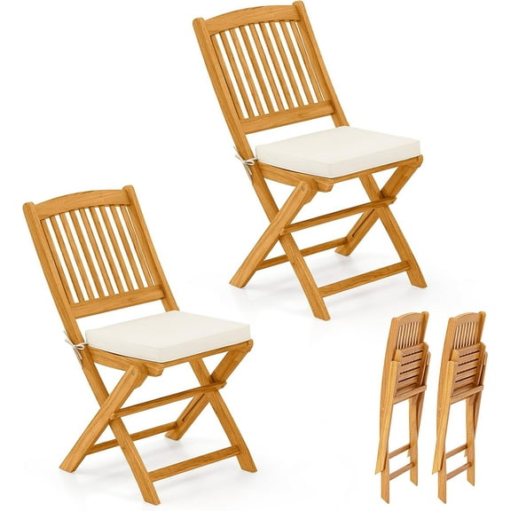 QISHENSHUI 2 Pieces Folding Outdoor Dining Chairs, Acacia Wood Patio Chairs with Soft Cushions, Slatted Backrests and Seats, Outdoor Chairs for Porch, Balcony, Deck and Yard (One-Size,Beige,2)