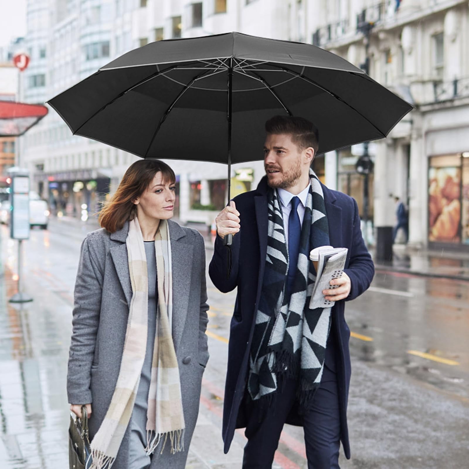 G4Free 54/62 inch Windproof Inverted Umbrella, Reflective Stripe Double Canopy, Automatic Open/Close, Compact for Travel, 10 Ribs Rain Protection