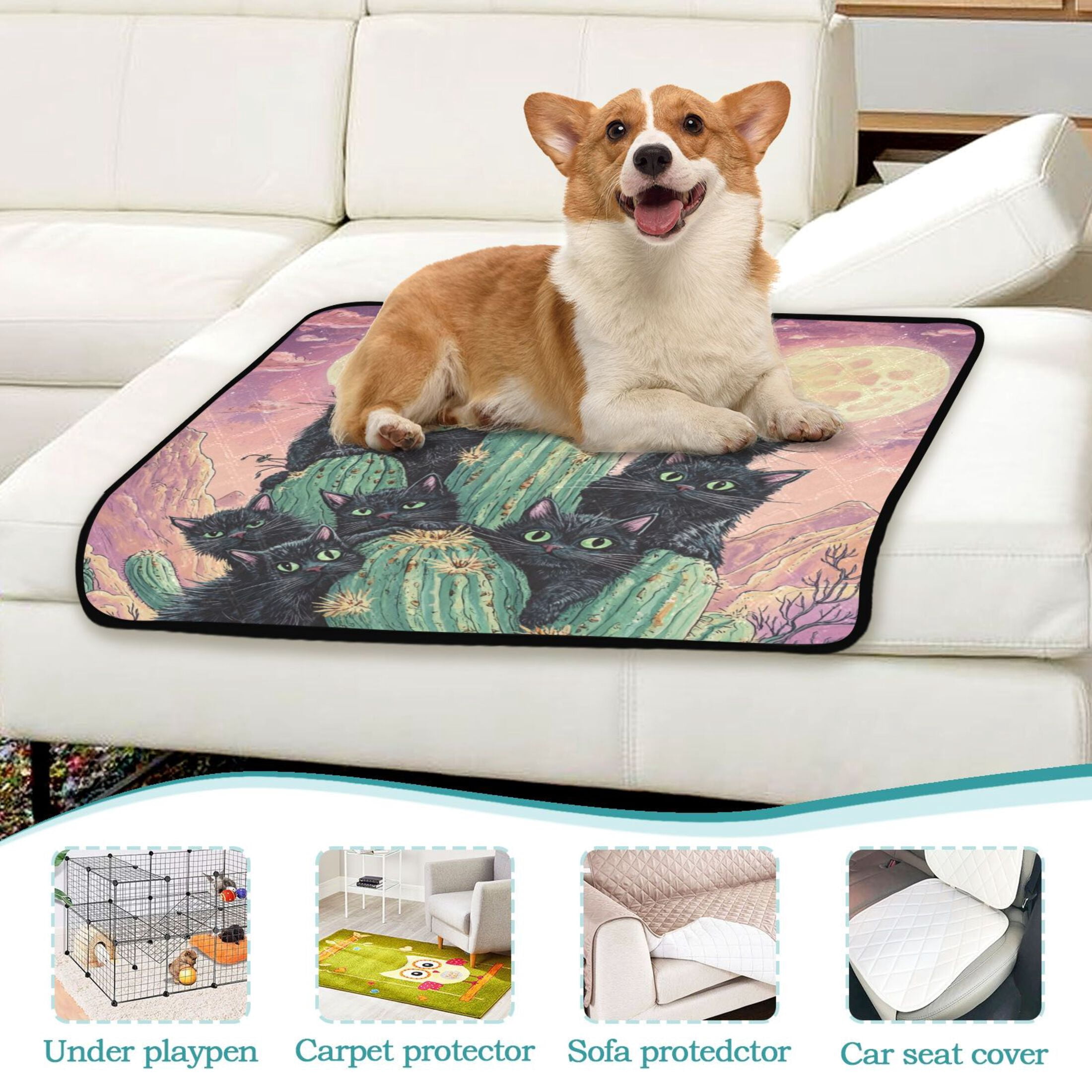 Qxltty Black Cat with Cactus Cat litter Pads Pet Set of 3 Diaper Mats Center Anti-leakage Layer Absorbent Soft and Comfortable