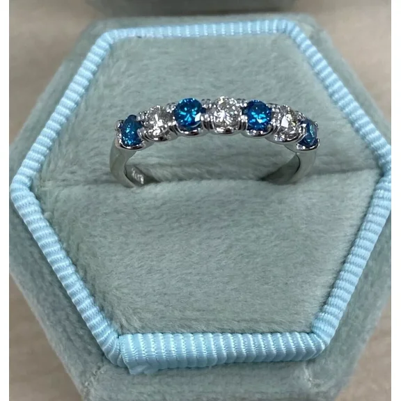 Round Simulated London Blue Topaz Half Eternity Band Ring 14k White Gold Plated