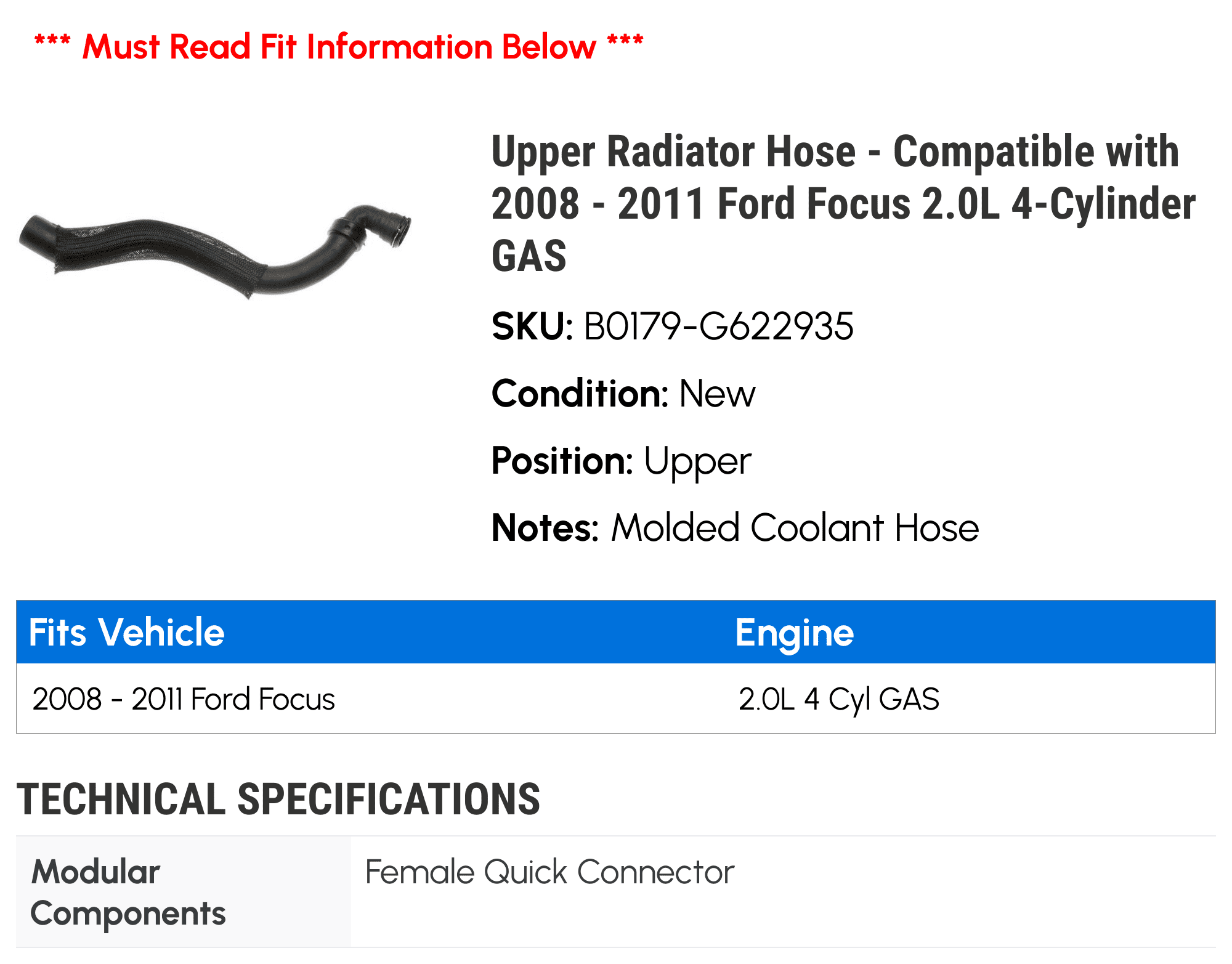 Upper Radiator Hose - Compatible with 2008 - 2011 Ford Focus 2.0L 4-Cylinder GAS - Gates