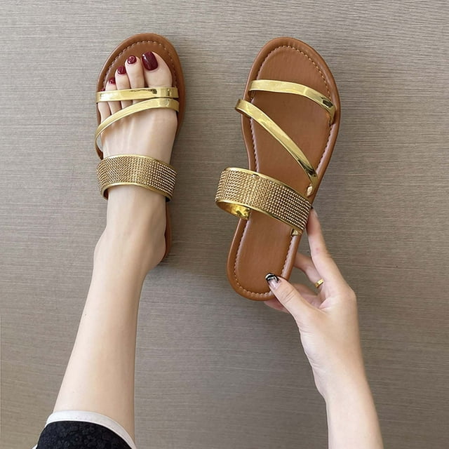 Cameland Summer New Large Size Casual Flat Bottom Rhinestone Line Beach Slippers