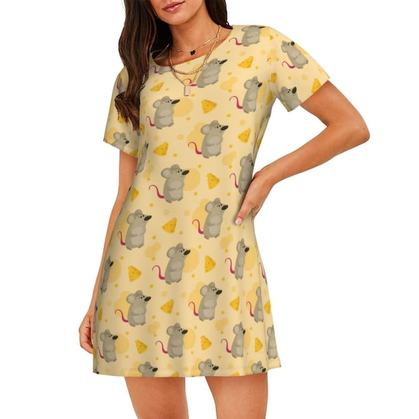 Fotbe mouse and cheese Bata de Dormir para Mujer con Estampado, Camisón de Algodón de Manga Corta, Ropa de Dormir Casual