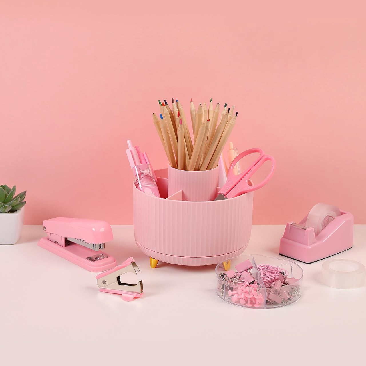 Pink Office Supplies Set  Pencil Holder For Desk Gel Pen Stapler Tape Dispenser Clips And 1000pcs Staples Decor Women Accessories