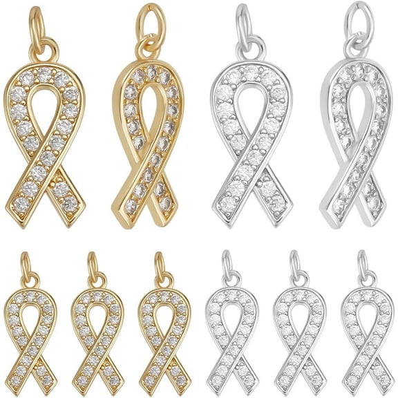1 Box 10Pcs Cancer Ribbon Charms 18K Gold 925 Sterling Silver Plated Cubic Zirconia Awareness Hope Breast Cancer Charms for Jewelry Making DIY Crafts