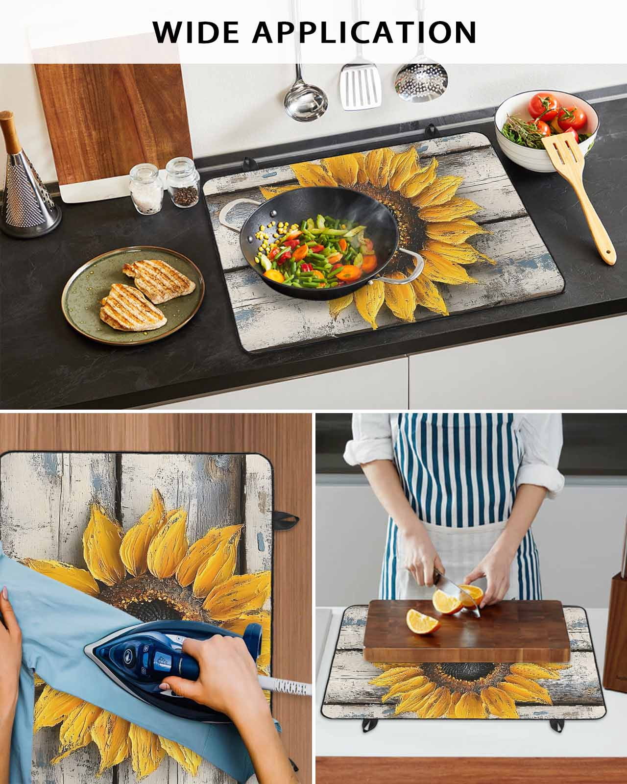 nqOlkjepod Large Induction Cooktop Protector Mat 24"x21", Sunflowers Stove Top Covers for Electric Stove, Retro Farmhouse Floral Leaves Wooden Grain Stove Burner Cover Mats, Glass Top Stove Cover