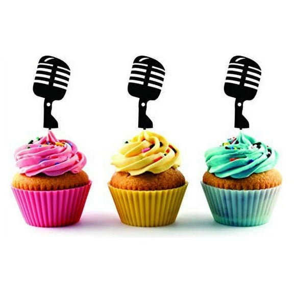 Vintage Microphone Silhouette Acrylic Cupcake Toppers 12 PCS