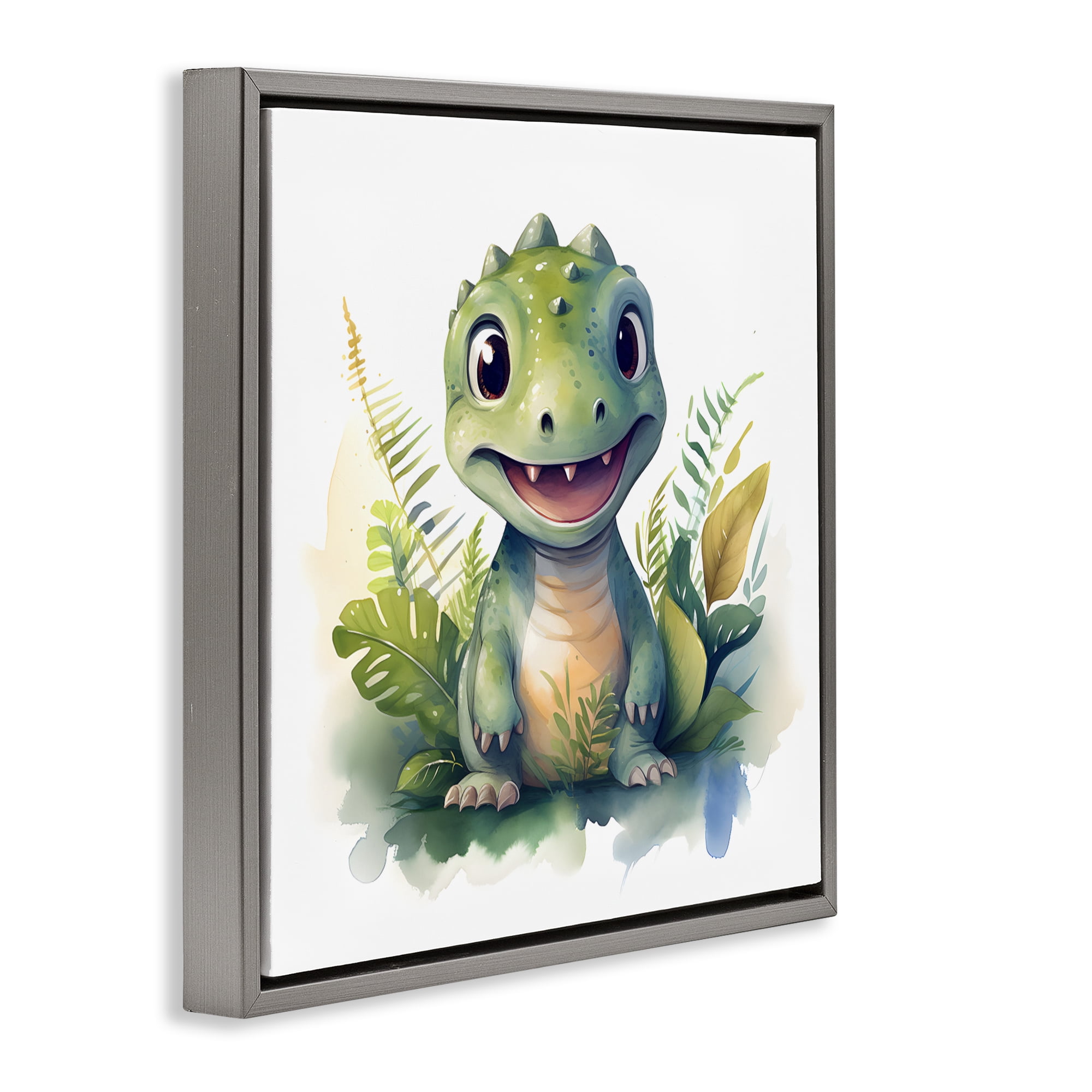 Stupell Industries Crafty Dino & Foliage Gray Framed Floater Canvas Wall Art, design by Steve Hunziker