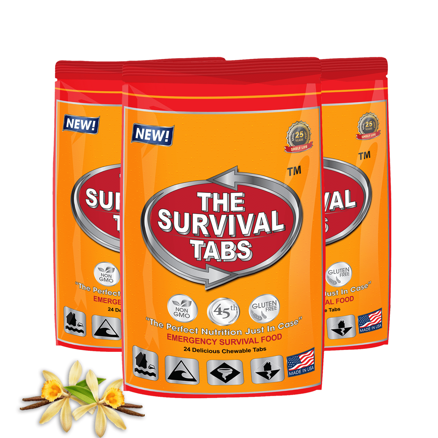 6 days Emergency survival food tabs none-GMO gluten-free 25 years shelf life 24 Tabs Vanilla x 3 pouches