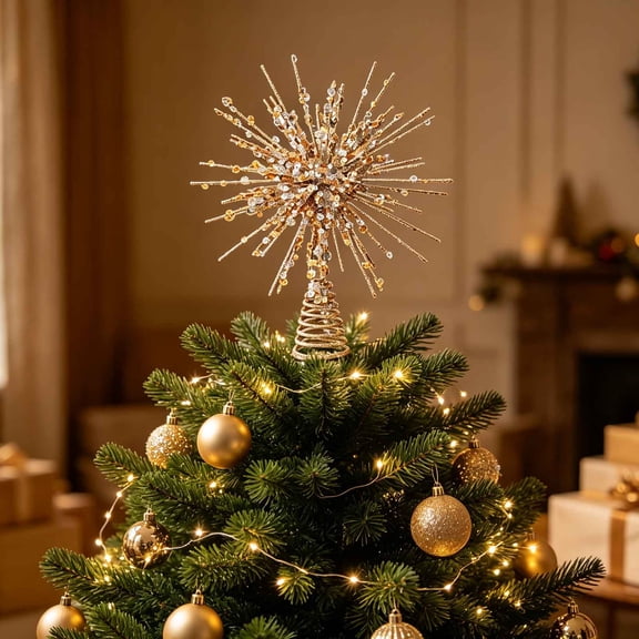 Christmas Tree Topper, 11.8 Inch Large Christmas Starburst Tree Topper, Luxe Xmas Tree Decorations for Holiday Home Party Decor, Gold