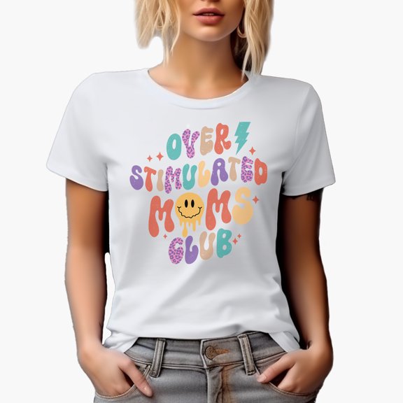 Distressed Overstimulated Moms Club - Retro Rainbow & Flowers Art Mother's Day Merch Gift, White T-Shirt, Small