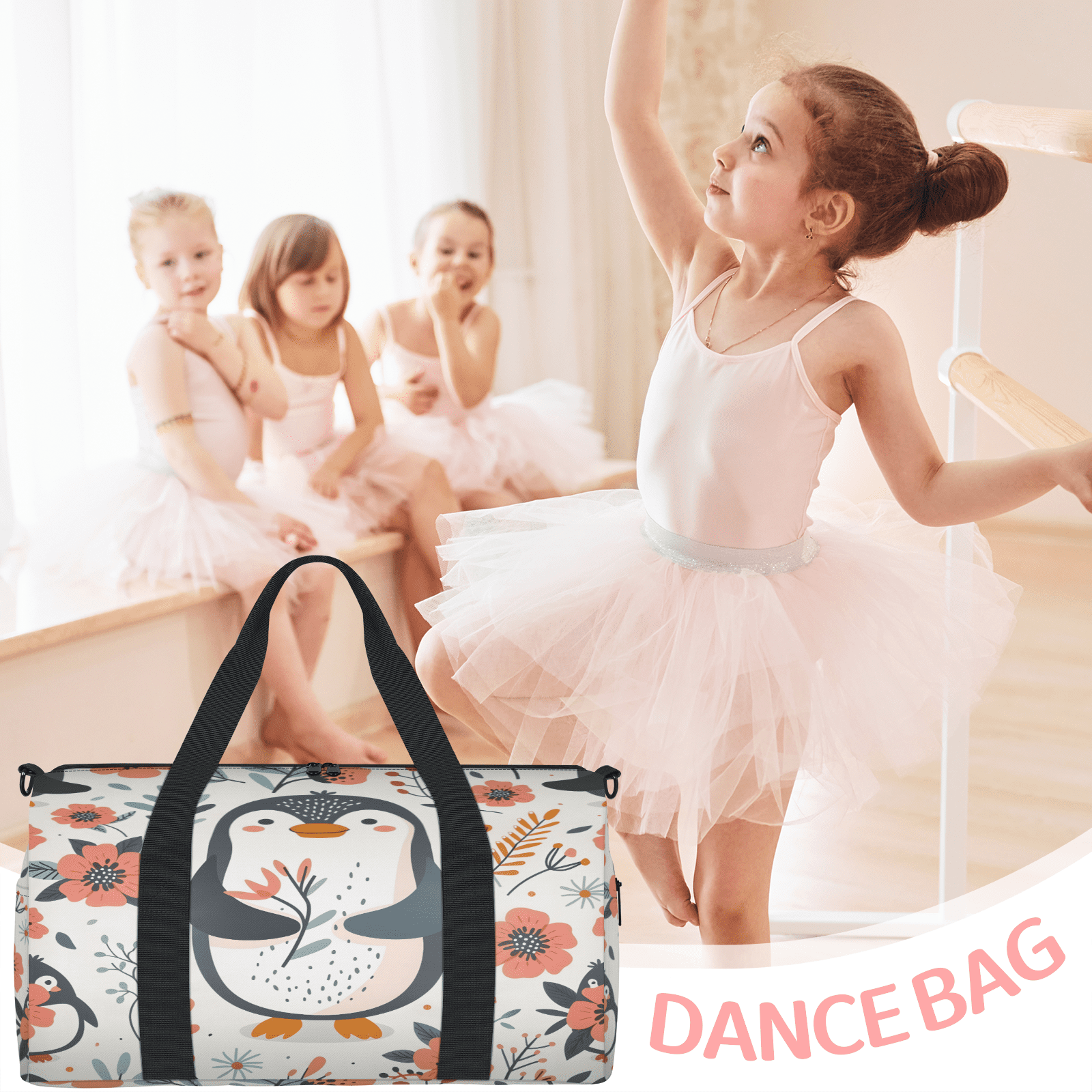 Herdesigns Penguin Travel Duffle Bag Sports Yoga Weekender Overnight Carry on Workout Bags Lightweight Waterproof Gym Tote Bag for Women Flower