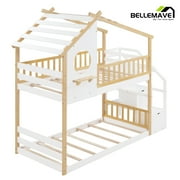 Bellemave Twin over Twin Bunk Beds with Storage Stairs,Guardrail, Window and Roof, Twin Bunk Bed House Bunk Bed/Low Bunk Bed(Natural)