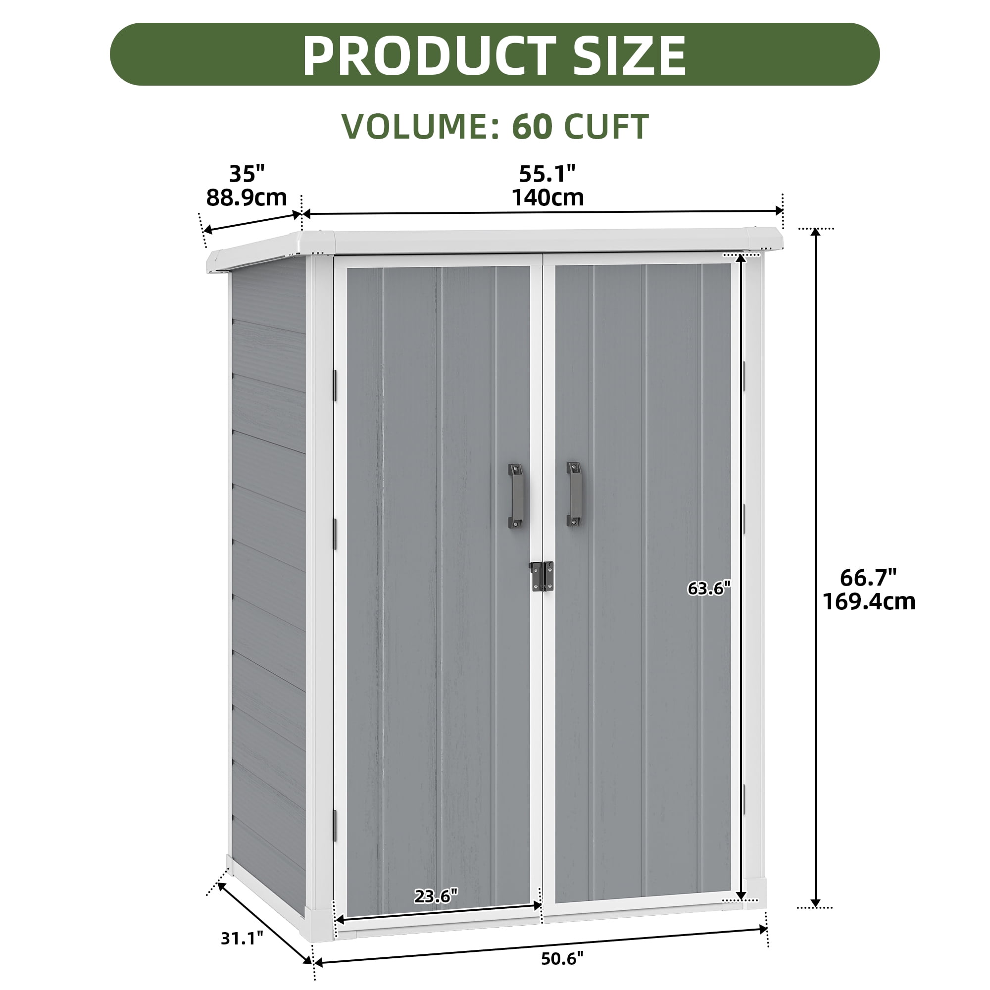 Uforic 60 Cu.Ft Outdoor Storage Shed, Weatherproof Tall Plastic Cabinet w/ Shelves, Lockable, Gray
