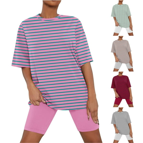 Jacenvly Two Piece Outfits Women Pants and Top Women's Solid Short Sleeve Lettuce Trim Top Shorts 2 Piece Outfits Pajama Set Summer Dresses for Women 2024