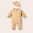 thumbnail image 2 of Teyfeniy 0.5-2T Toddlers Baby Rompers with Matching Hat 2 Piece Set Button Down Jumpsuits Long Sleeve Cute Comfy Casual Crew Neck Newborn Infant Outfit Set, 2 of 6