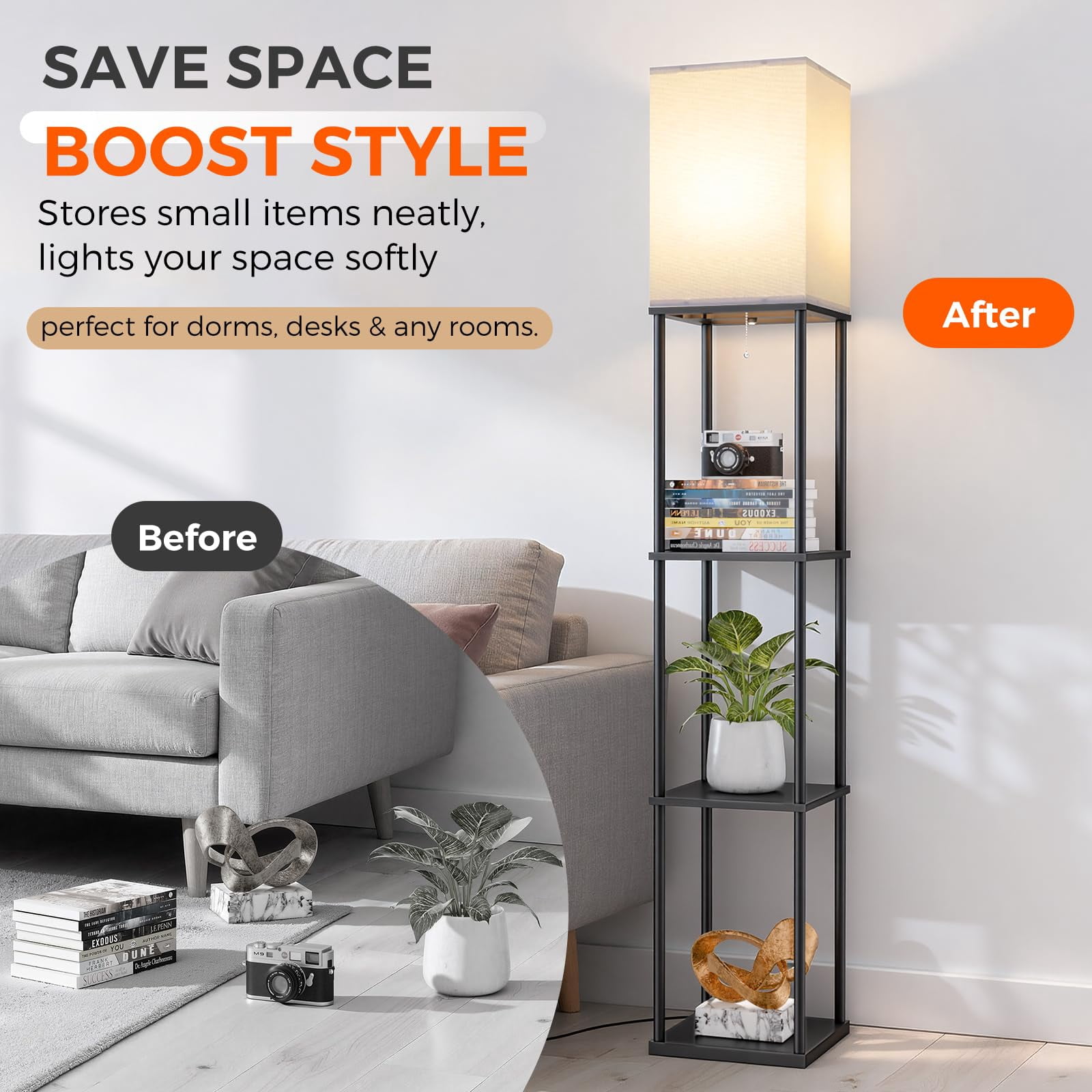 Black Square 3-tier Shelf Floor Lamp For Living Room Bedroom Corner