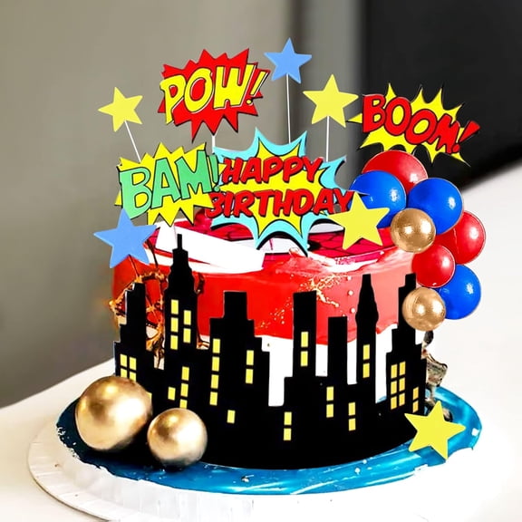 Superhero Theme Birthday Cake Decoration Set - 3D City Silhouette Explosion Dialog Insert Cards