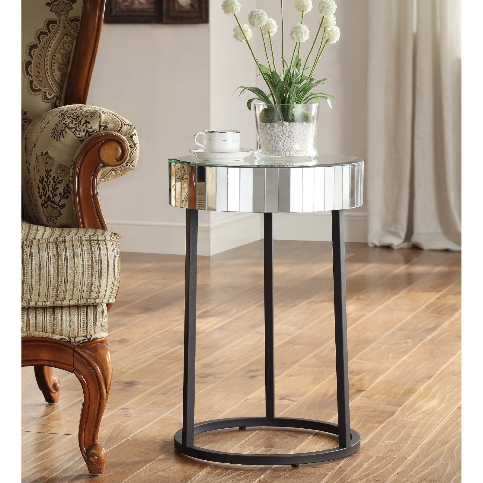 Krystal Round Mirror Accent Table with Metal Legs Fully Assembled