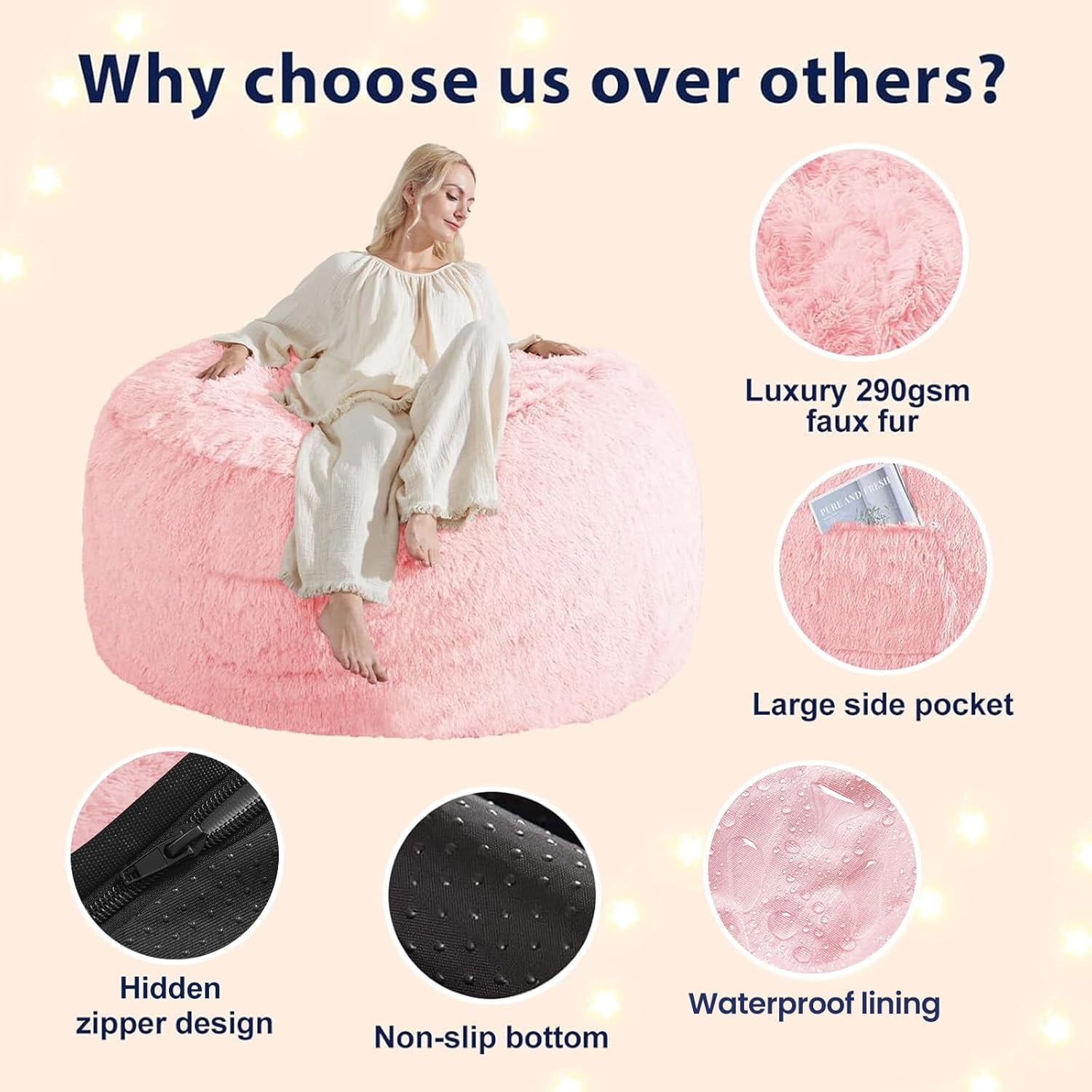Fluffy Bean Bag for Stuffed Animals Storage, Faux Fur Washable Bean Bag Chair Cover(No Filler) for Textile Plush Toys, Beanbag Chair Cover for Adults Kids Teens, 6FT, Pink